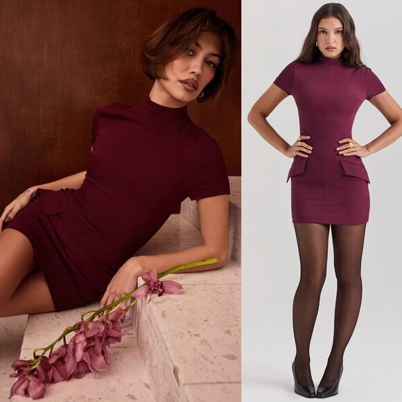 House of CB Alia Mulberry Red‎ Purple Short Sleeve Mini Dress Size L Tall - Picture 11 of 13